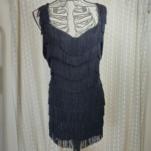 Delicious 1920s Flapper Black Fringe Mini Dress Size M/L